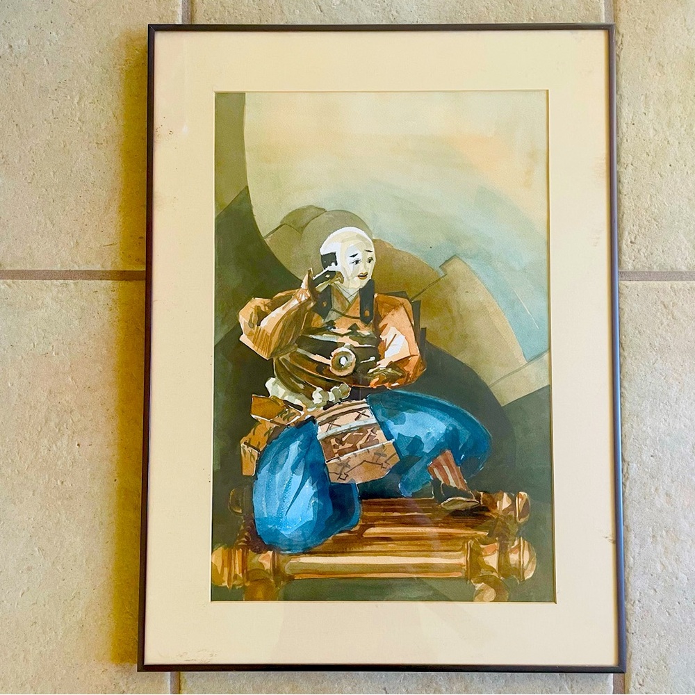 Vintage Japanese Samurai Watercolor Painting in Frame
